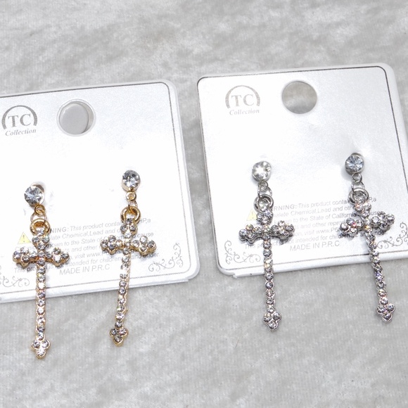 Crystal Cross Dangling Earrings Gold Silver Tone - Picture 1 of 5